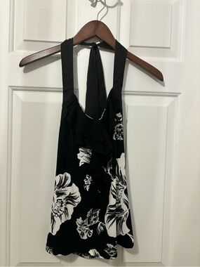 White House Black Market Black & White Floral Ruffle Halter Camisole